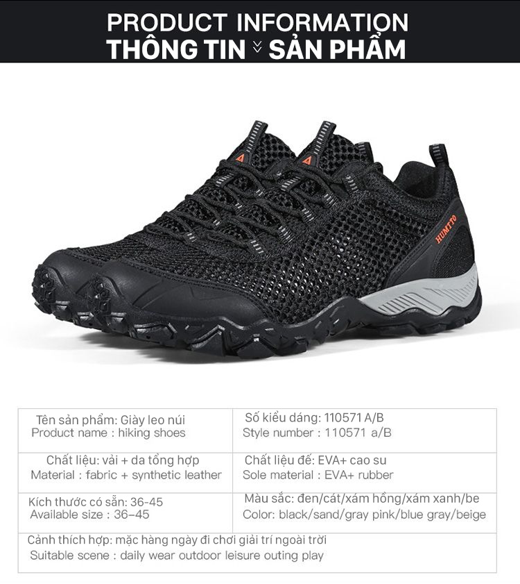 Giày đi rừng Humtto 110571AB cổ thấp mặt lưới thoáng khí mau khô unisex-11