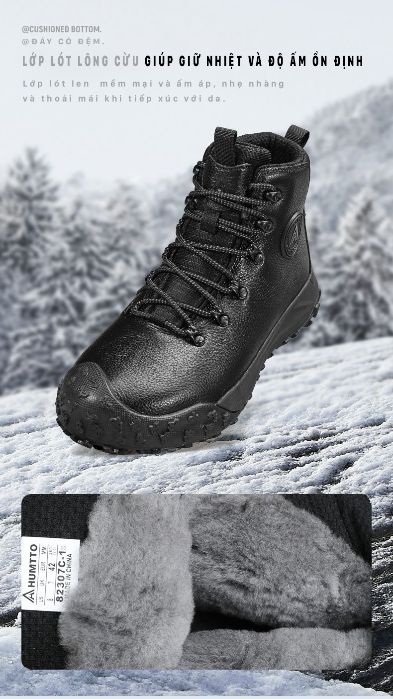 Giày leo núi cổ cao Humtto 82307A da bò đi tuyết lót lông mùa đông-10